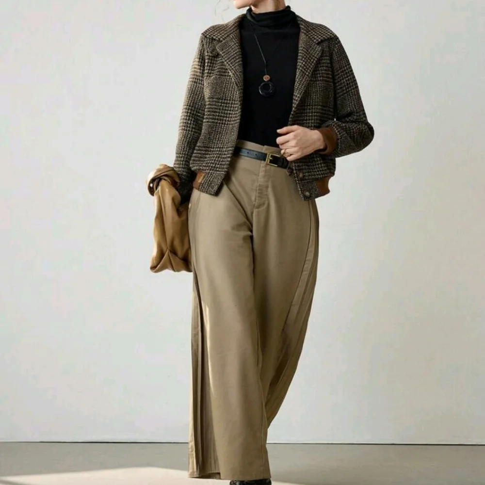 New Autumn/Winter Woven Turndown Collar Plaid Elegant Long Sleeve Casual Jacket - Picture 5 of 7